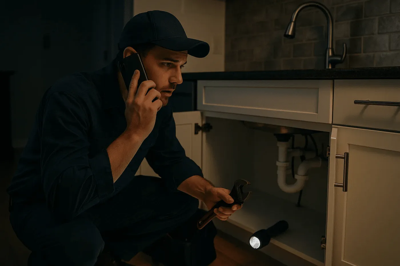Engineer working an out-of-hours emergency boiler call