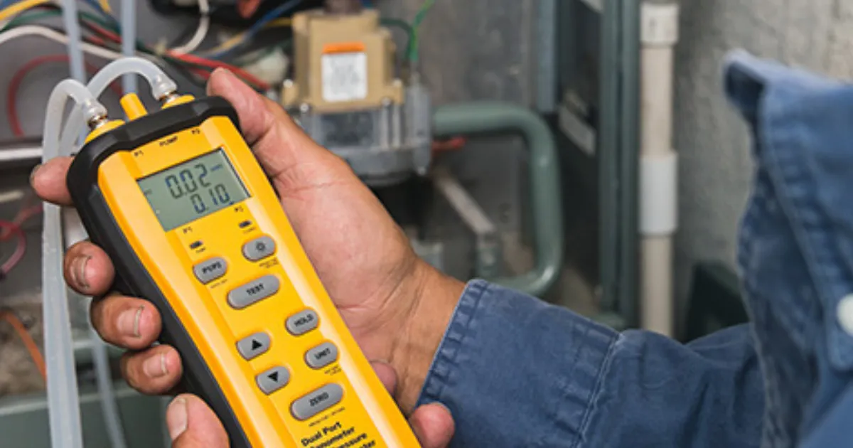 Engineer using a digital pressure meter to diagnose a boiler fault